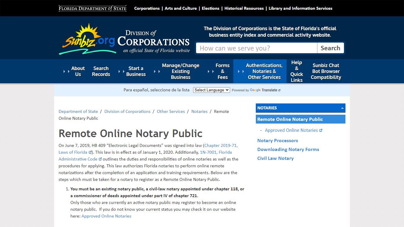 Remote Online Notary Public - Division of Corporations - Florida